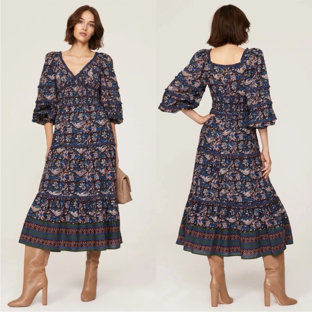 NWT Sea New York Noah Print Smocked Midi Dress Women’s 6 Long Sleeve Navy Blue